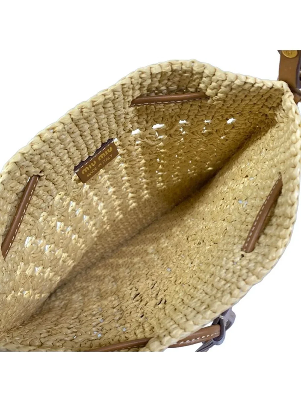 Miu Miu Woven Fabric Mini Bag Naturale Cognac Leather - Picture 7 of 15